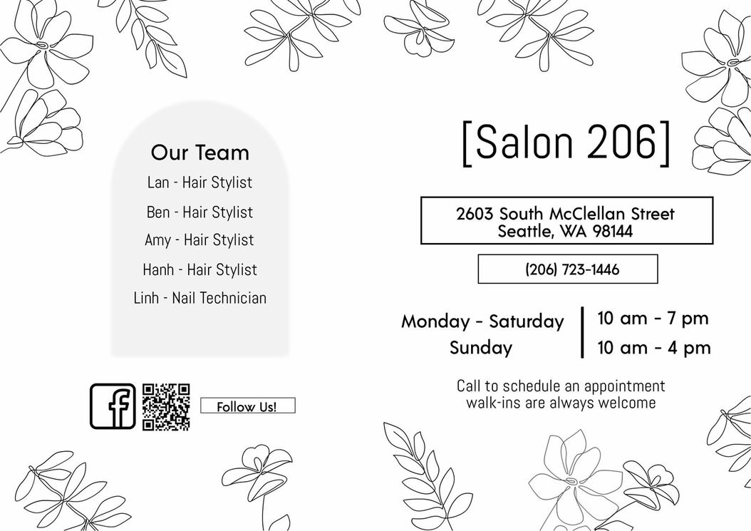 The Salon 206 printed card listing the team and opening hours