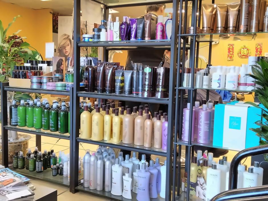 Shelves of professional hair color and treatment products